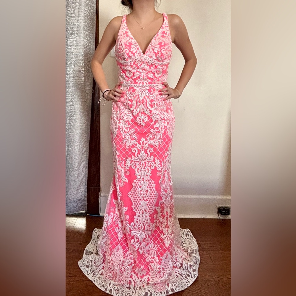 Rachel Allan Prom dress neon Pink Gown with White Lace Embroidery .size 4